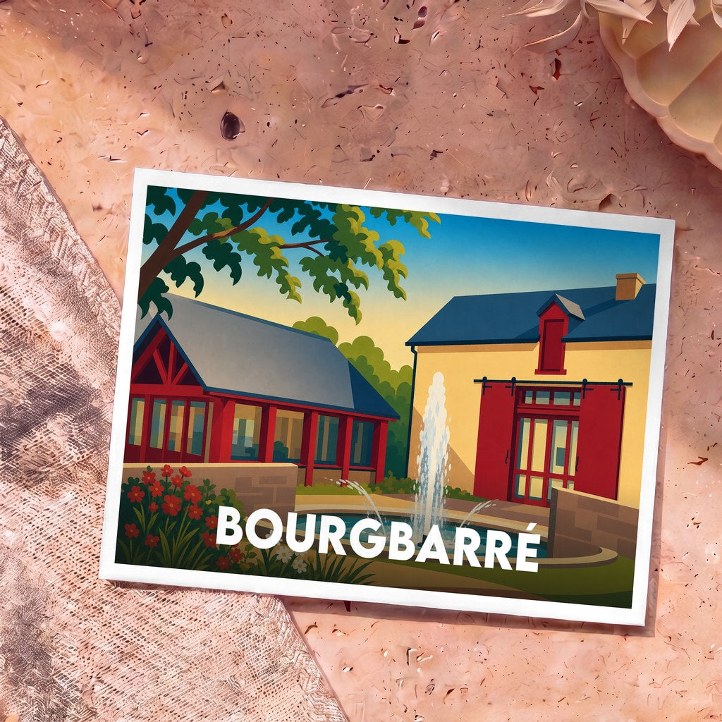 Carte postale souvenir de la ville de Bourgbarré avec une illustration stylisée de bâtiments colorés et d'une fontaine.