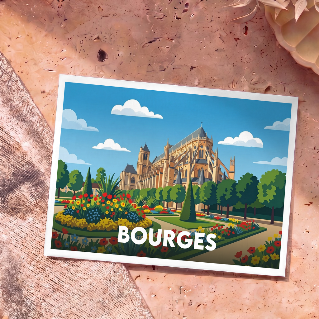 Carte postale souvenir de la ville de Bourges avec une illustration colorée et stylisée de sa cathédrale et ses jardins.