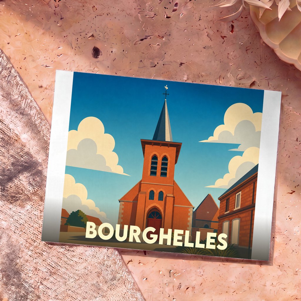 Carte postale souvenir de la ville de Bourghelles avec une illustration stylisée de son église sous un ciel nuageux.