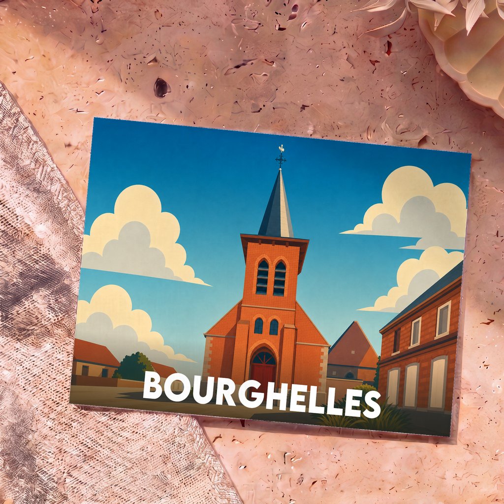 Carte postale souvenir de la ville de Bourghelles avec une illustration stylisée de son église.