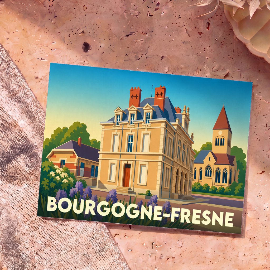 Carte postale souvenir de la commune de Bourgogne-Fresne avec une illustration stylisée de ses bâtiments typiques.