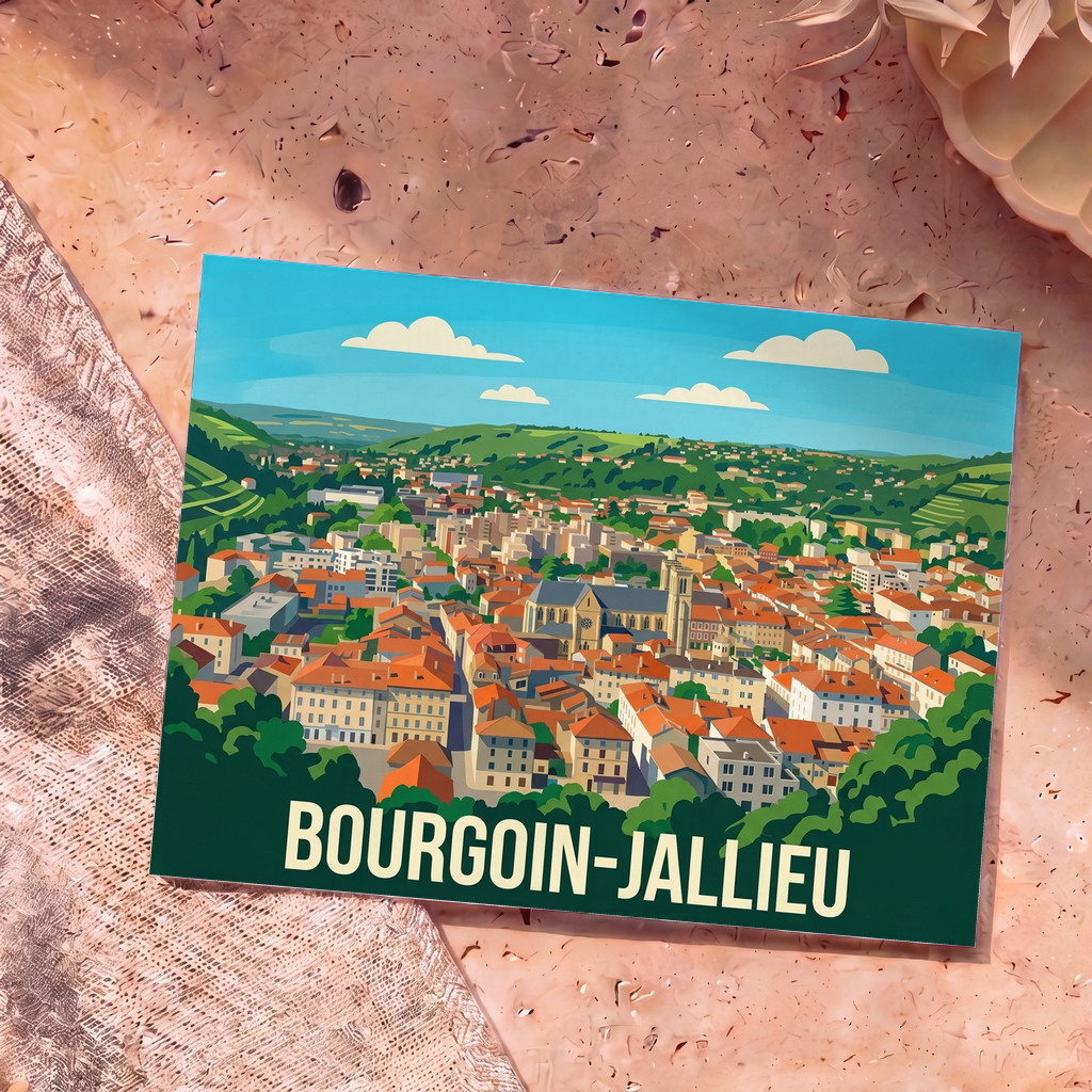 Carte postale souvenir de la ville de Bourgoin-Jallieu avec une illustration stylisée et colorée.