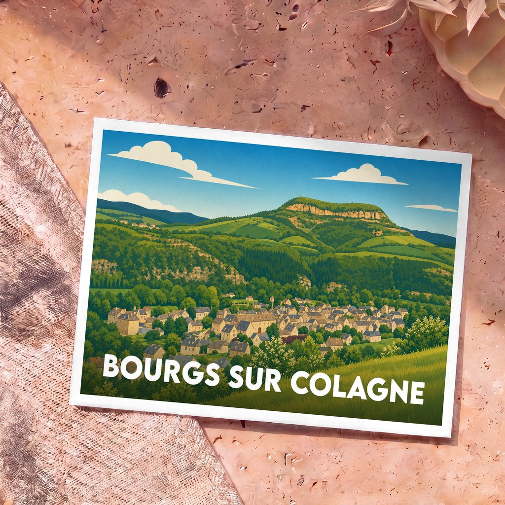 Carte postale souvenir de Bourgs sur Colagne avec une illustration stylisée d'un village niché dans une vallée verdoyante.