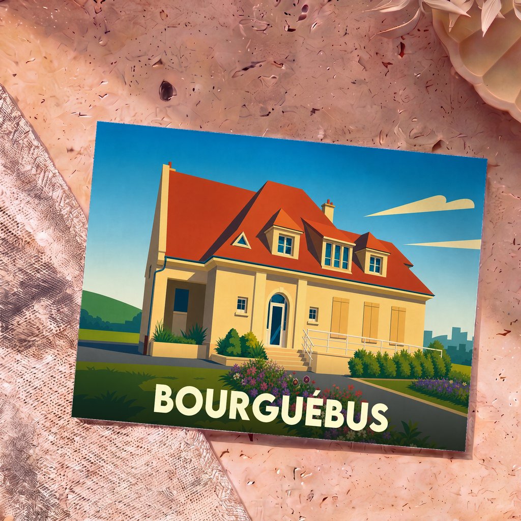 Carte postale souvenir de la ville de Bourguébus avec une illustration stylisée d'une maison au toit rouge.