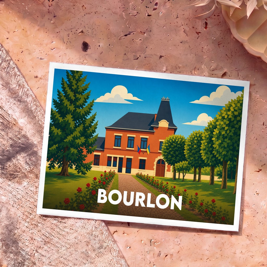 Carte postale souvenir de la ville de Bourlon avec une illustration stylisée d'une bâtisse en briques entourée de jardins.