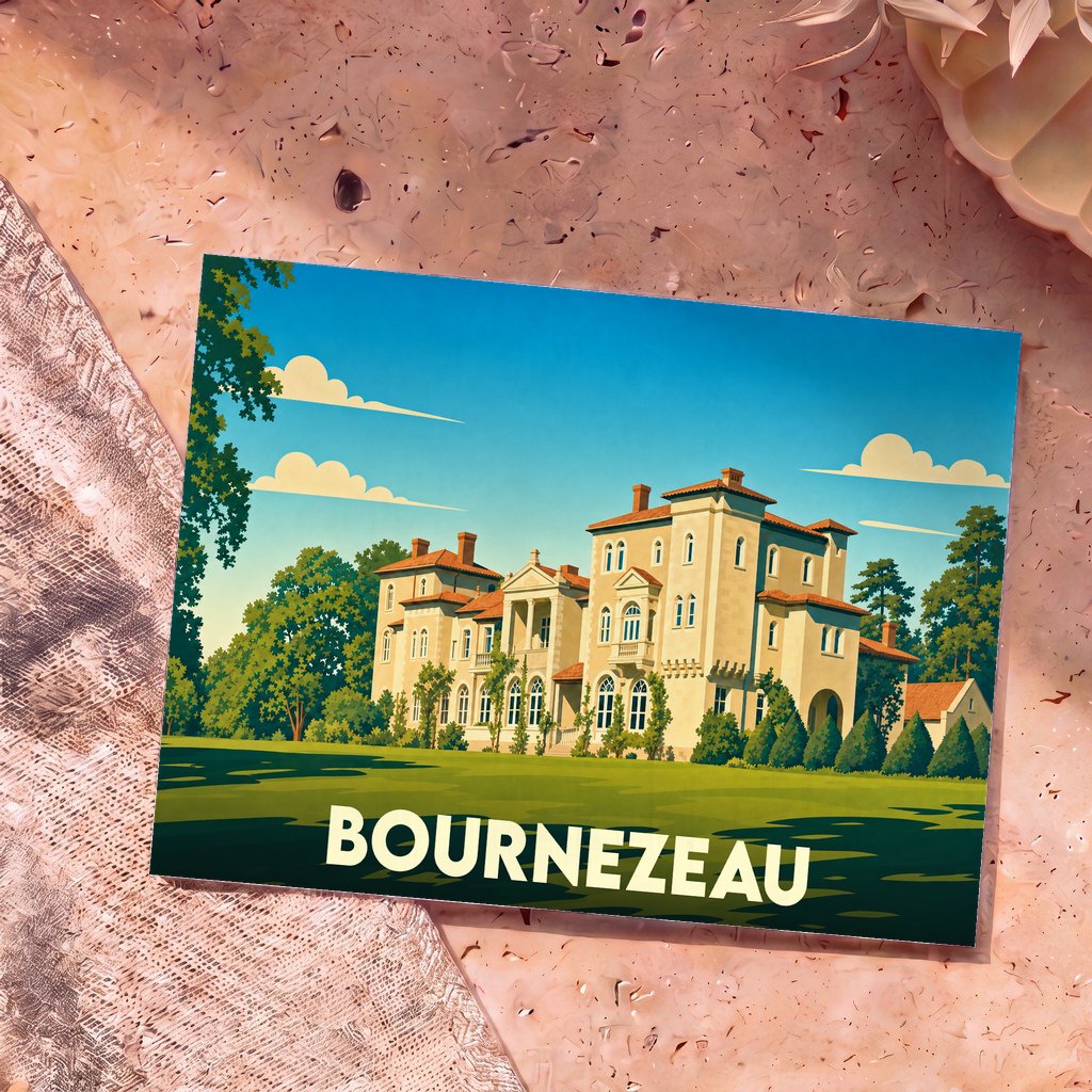 Carte postale souvenir de la ville de Bournezeau illustrant un château majestueux dans un style graphique rétro.