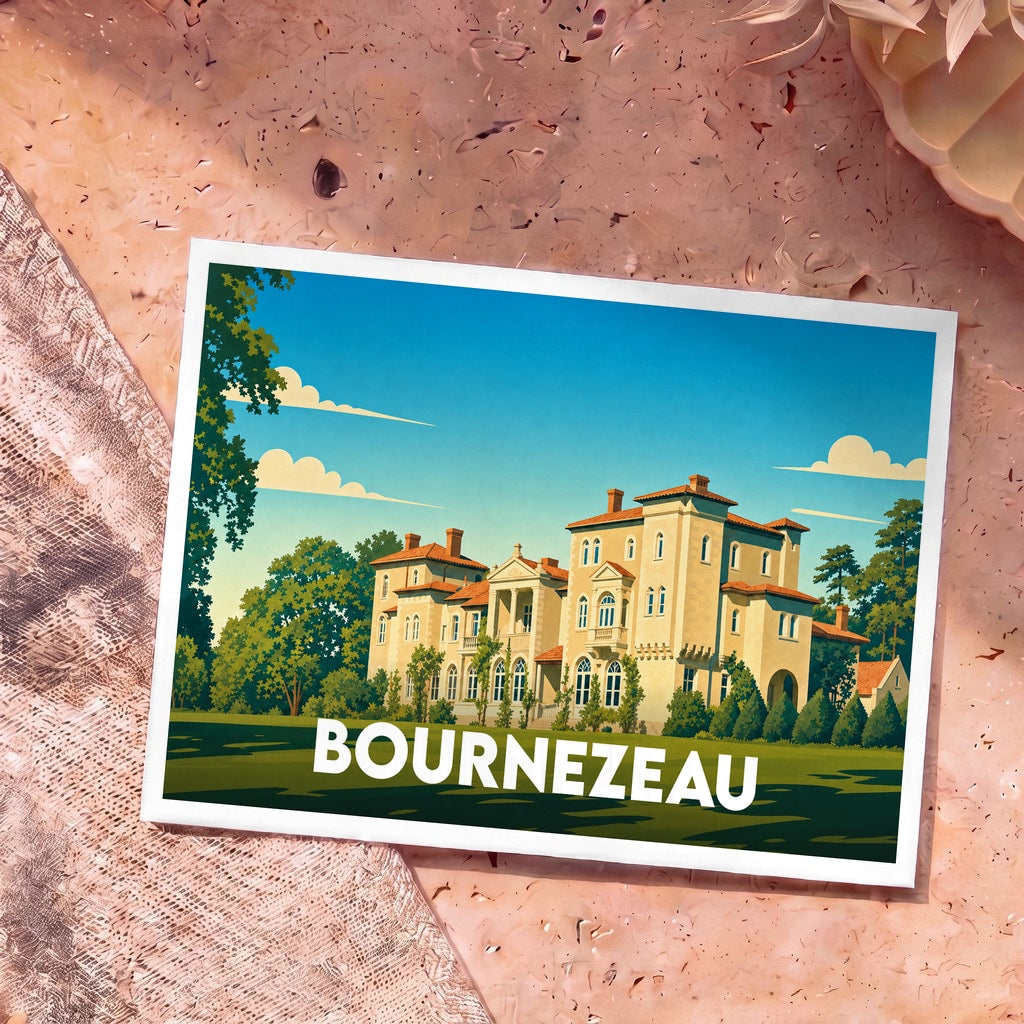 Carte postale souvenir de la ville de Bournezeau illustrant un château majestueux dans un style graphique rétro.