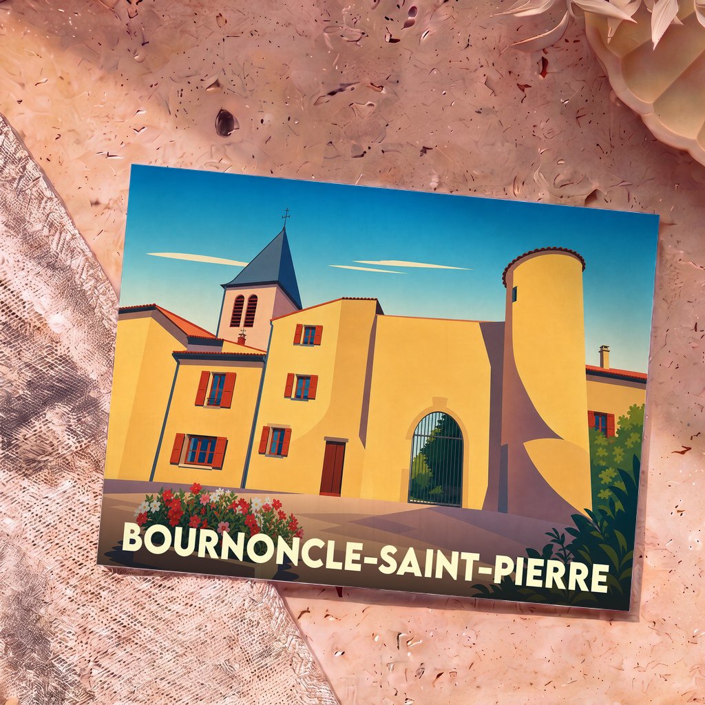 Carte postale souvenir de la ville de Bournoncle-Saint-Pierre avec une illustration stylisée de ses bâtiments historiques.