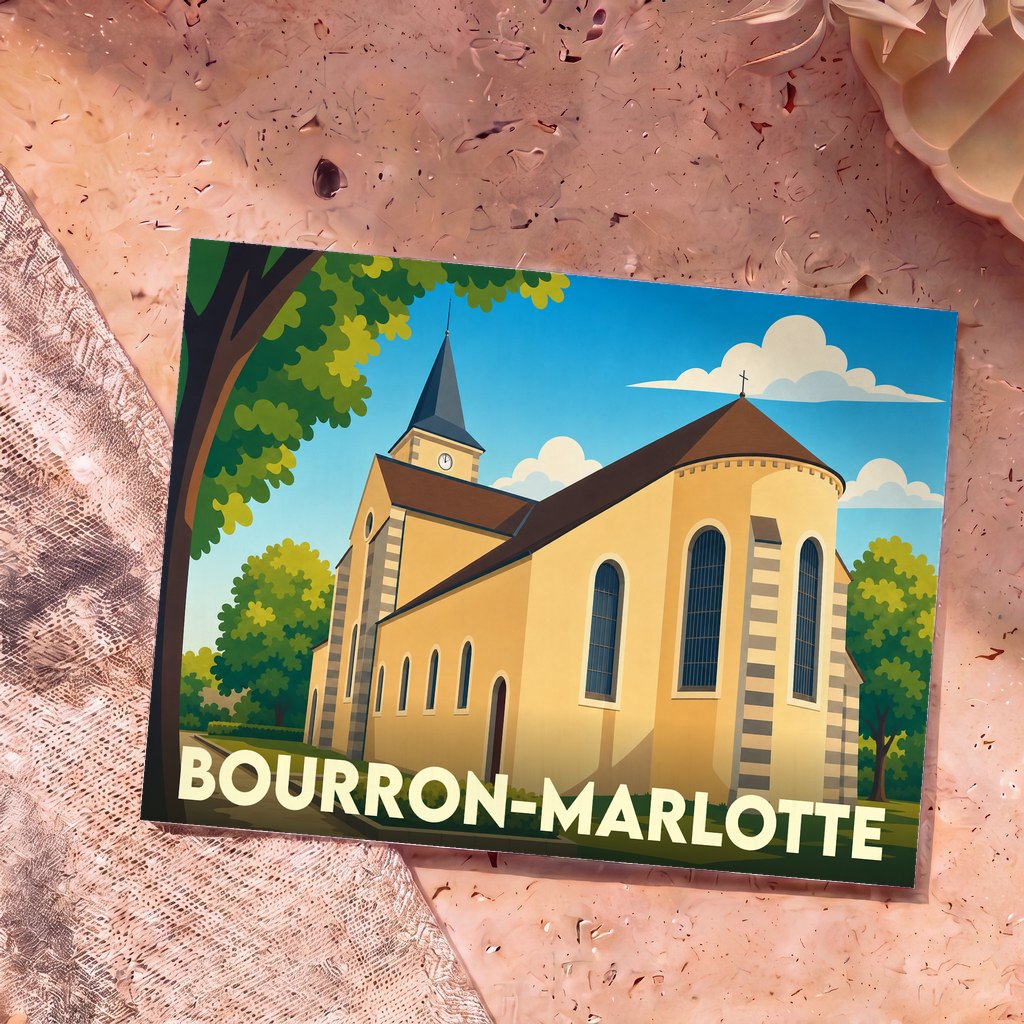 Carte postale souvenir de la ville de Bourron-Marlotte avec une illustration stylisée de son église.