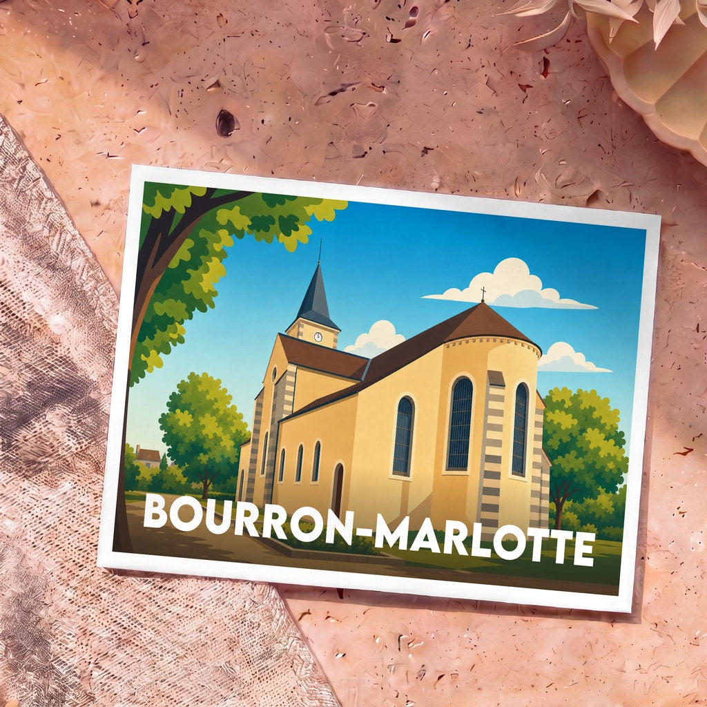 Carte postale souvenir de la ville de Bourron-Marlotte avec une illustration stylisée de son église.