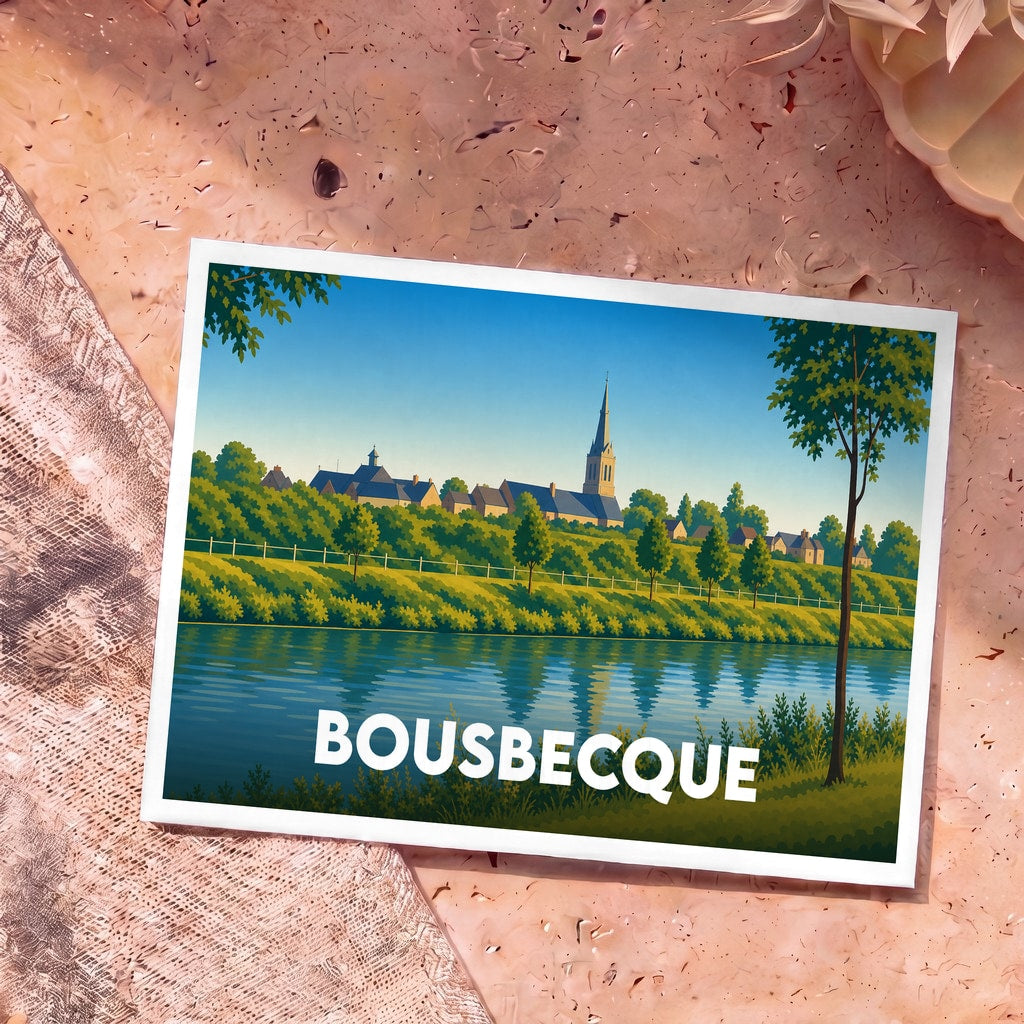 Carte postale souvenir de la ville de Bousbecque avec une illustration stylisée représentant son église en bord de Lys.