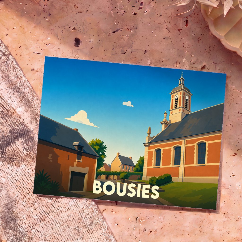 Carte postale souvenir de la ville de Bousies avec une illustration stylisée de son église et de ses maisons.