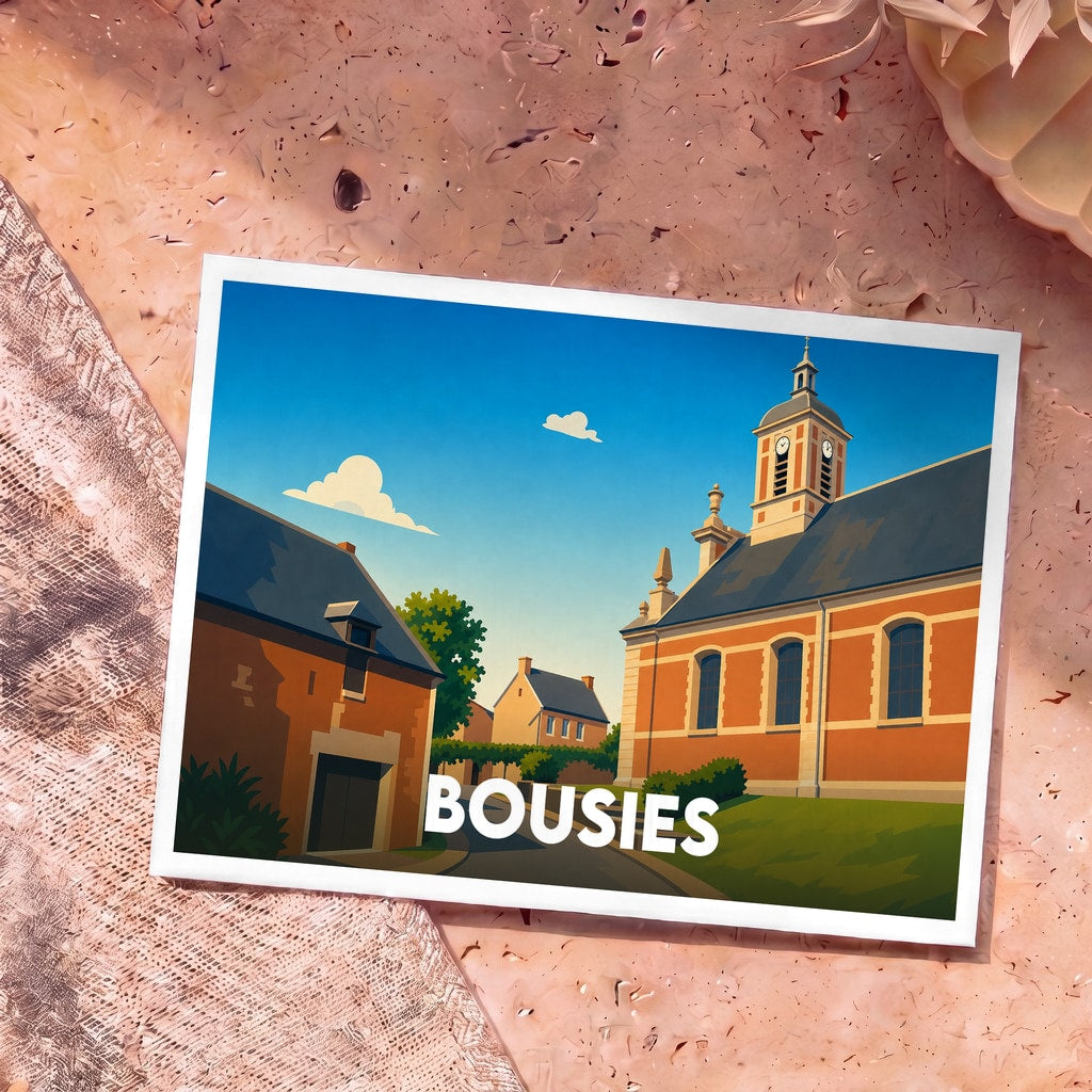 Carte postale souvenir de la ville de Bousies avec une illustration stylisée de son église et de ses maisons.