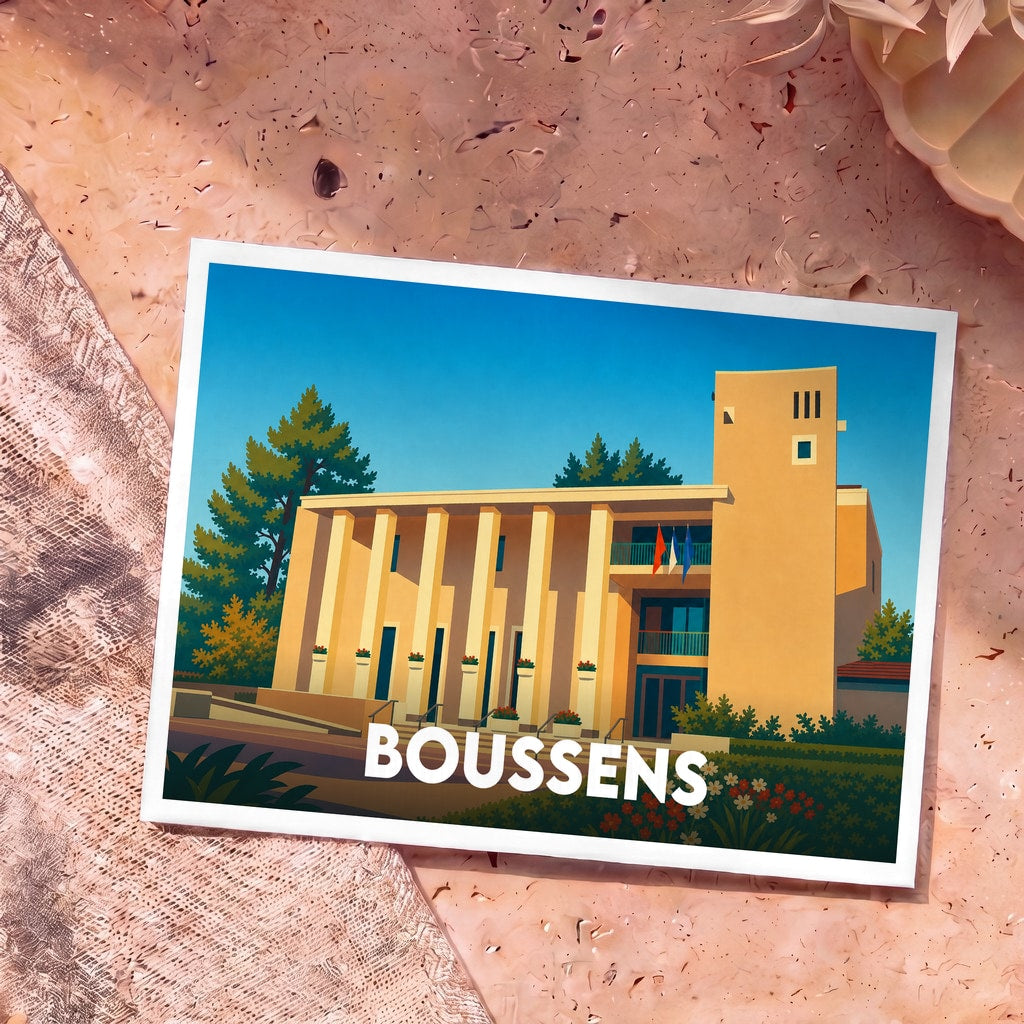 Carte postale souvenir de la ville de Boussens avec une illustration stylisée de son hôtel de ville.