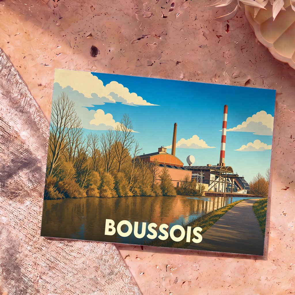 Carte postale souvenir de la ville de Boussois avec une illustration stylisée d'une usine en bord d'eau.