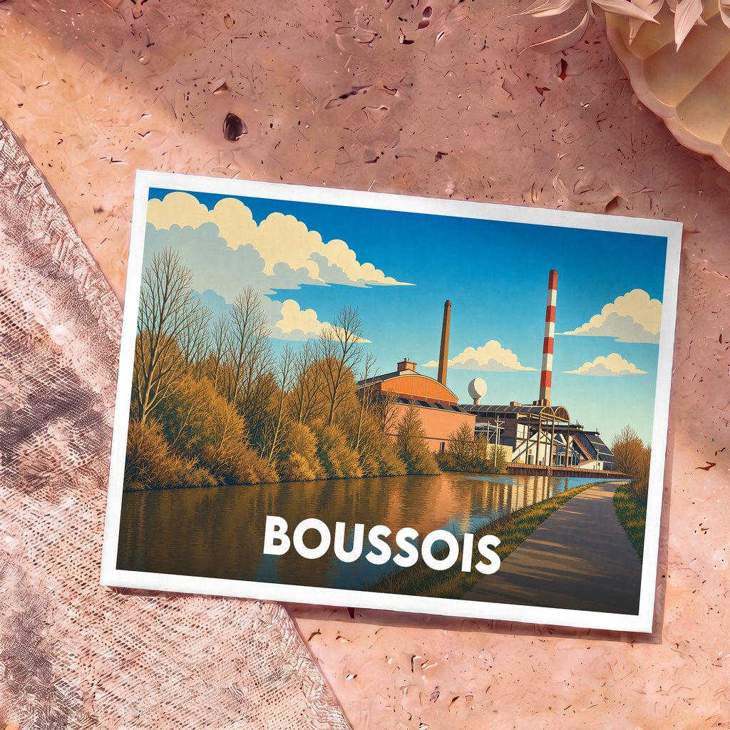 Carte postale souvenir de la ville de Boussois avec une illustration stylisée d'une usine en bord d'eau.