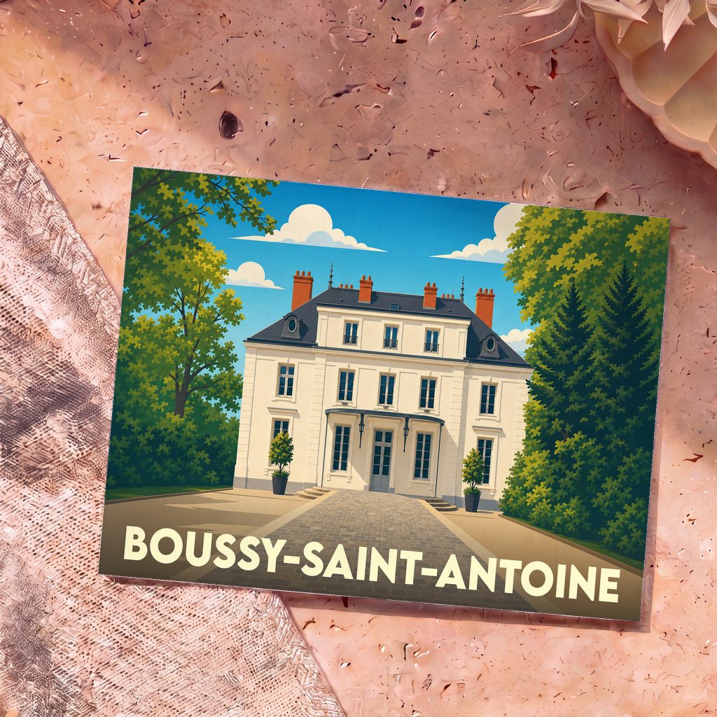 Carte postale souvenir de la ville de Boussy-Saint-Antoine avec une illustration stylisée de l'hôtel de ville.