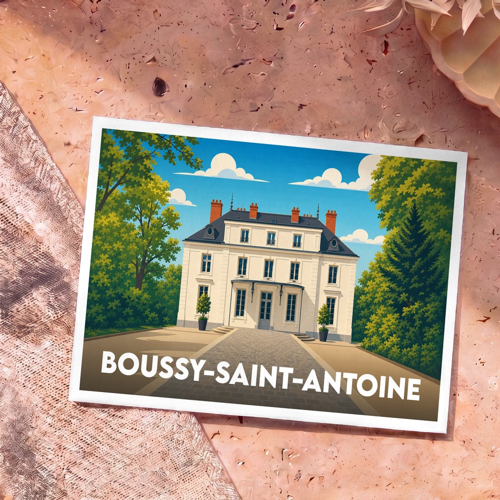 Carte postale souvenir de la ville de Boussy-Saint-Antoine avec une illustration stylisée de l'hôtel de ville.