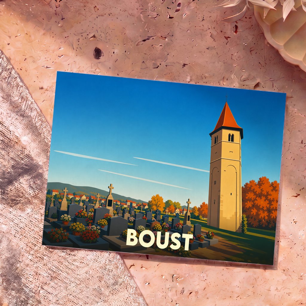 Carte postale souvenir de la ville de Boust avec une illustration stylisée de son église et de son cimetière.