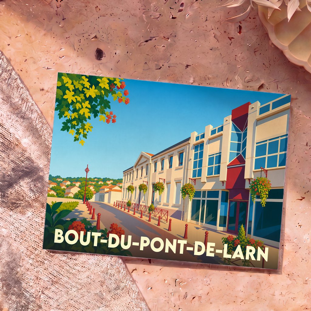 Carte postale souvenir de la ville de Bout-du-Pont-de-Larn avec une illustration stylisée et colorée.