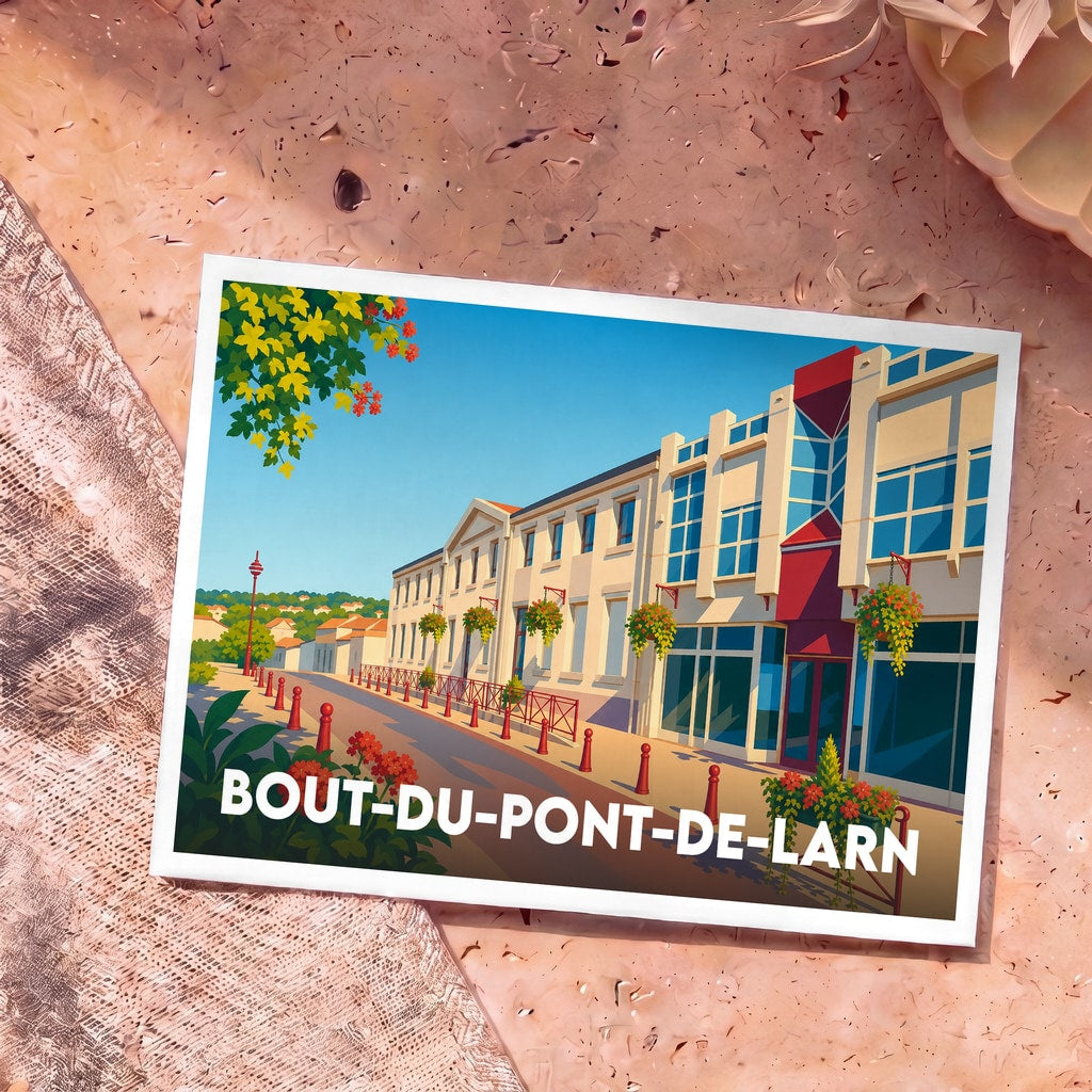 Carte postale souvenir de la ville de Bout-du-Pont-de-Larn avec une illustration stylisée et colorée.