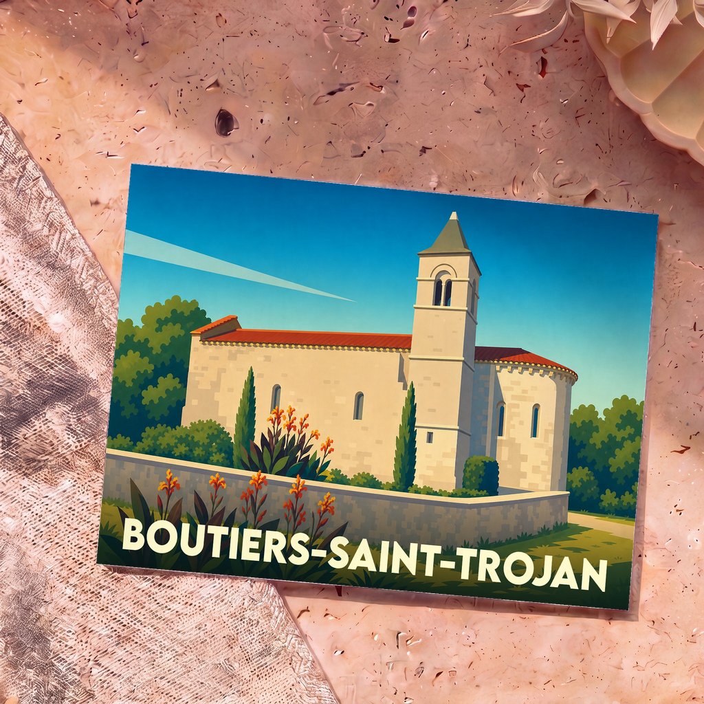 Carte postale souvenir de la ville de Boutiers-Saint-Trojan avec une illustration stylisée de son église romane.