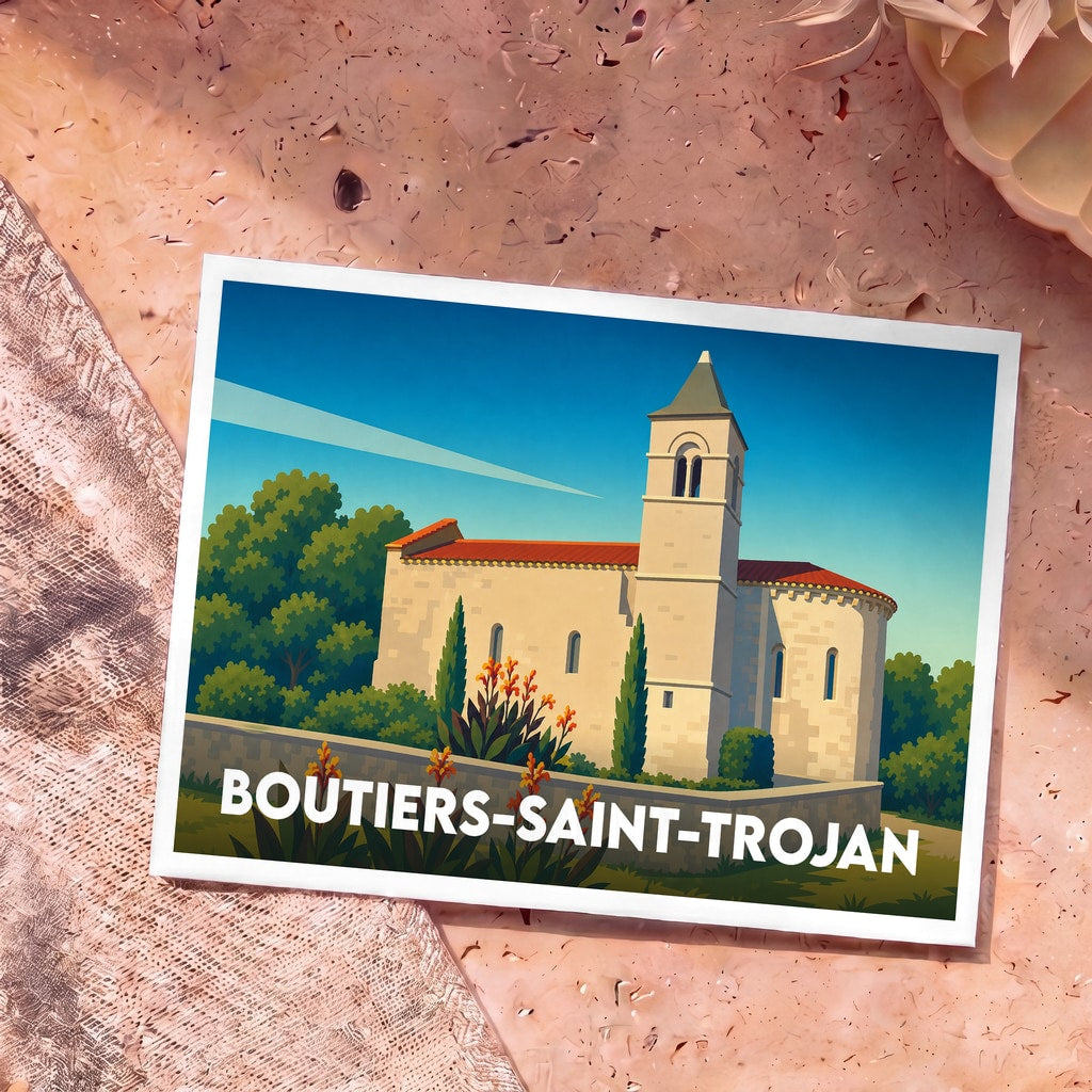 Carte postale souvenir de la ville de Boutiers-Saint-Trojan avec une illustration stylisée de son église romane.