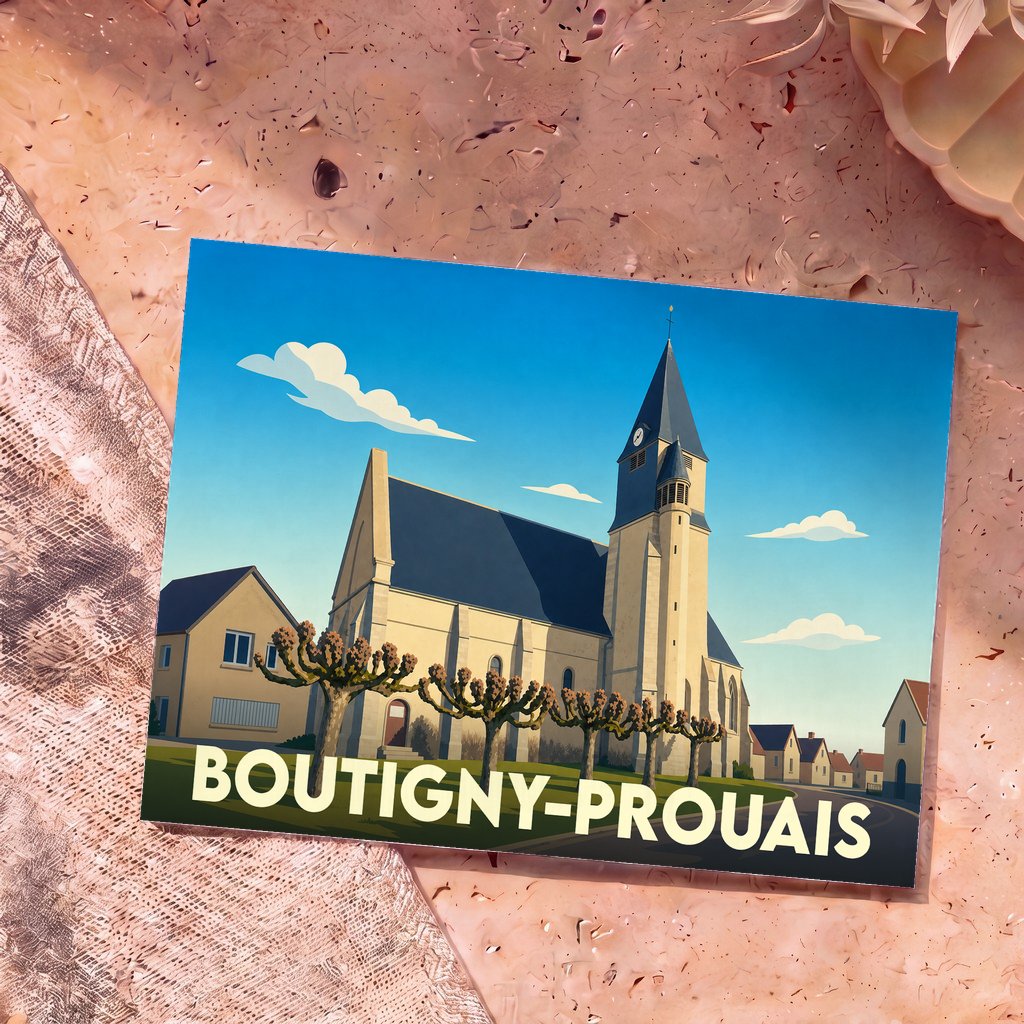 Carte postale souvenir de la ville de Boutigny-Prouais avec une illustration stylisée de son église.