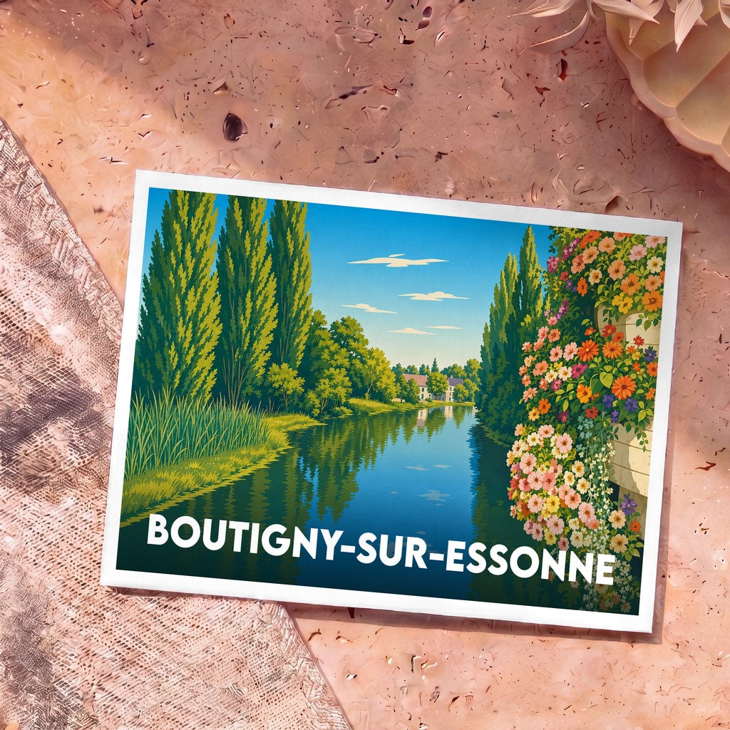 Carte postale souvenir de la ville de Boutigny-sur-Essonne avec une illustration colorée et stylisée d'un cours d'eau bordé de fleurs.