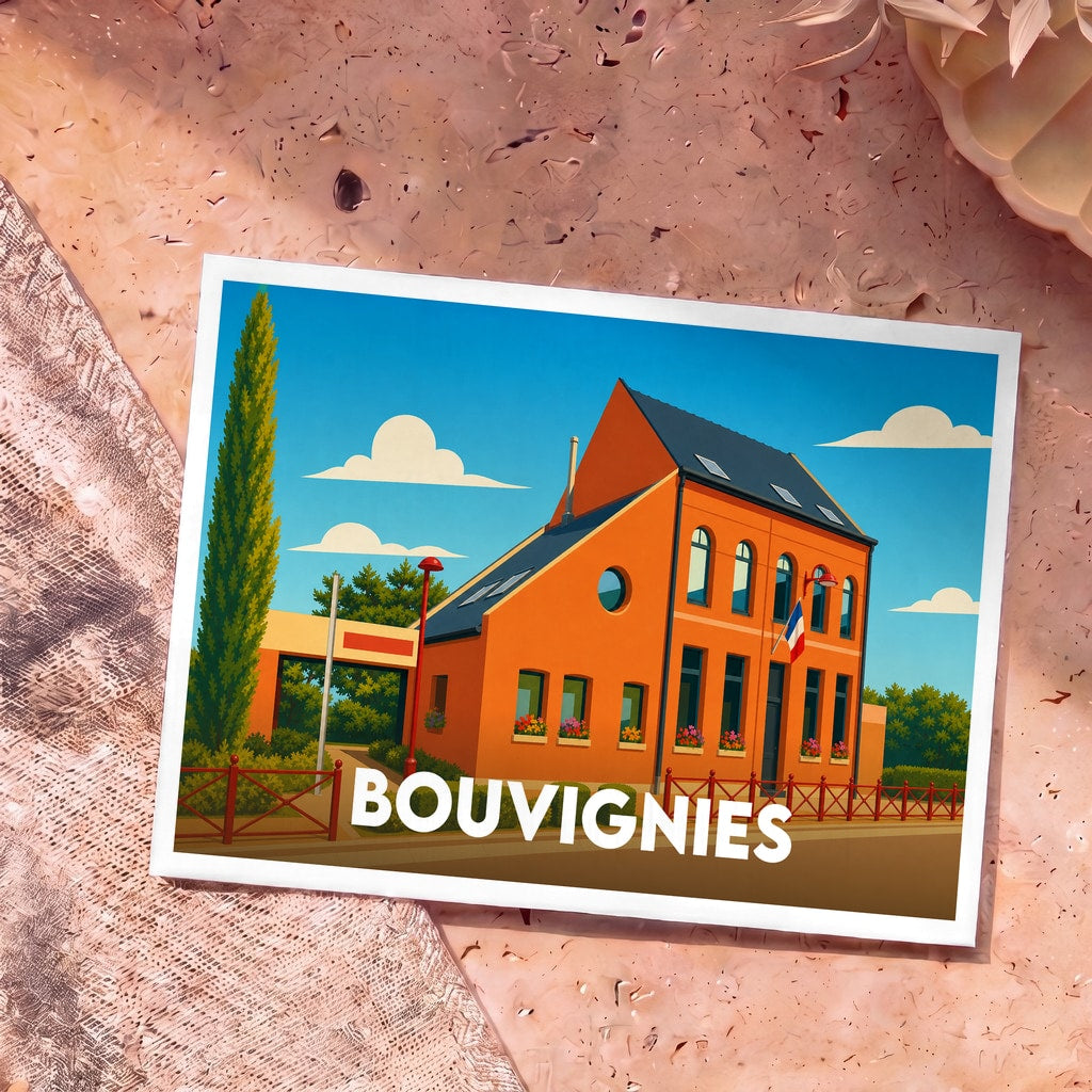 Carte postale souvenir de la ville de Bouvignies avec une illustration stylisée de sa mairie.