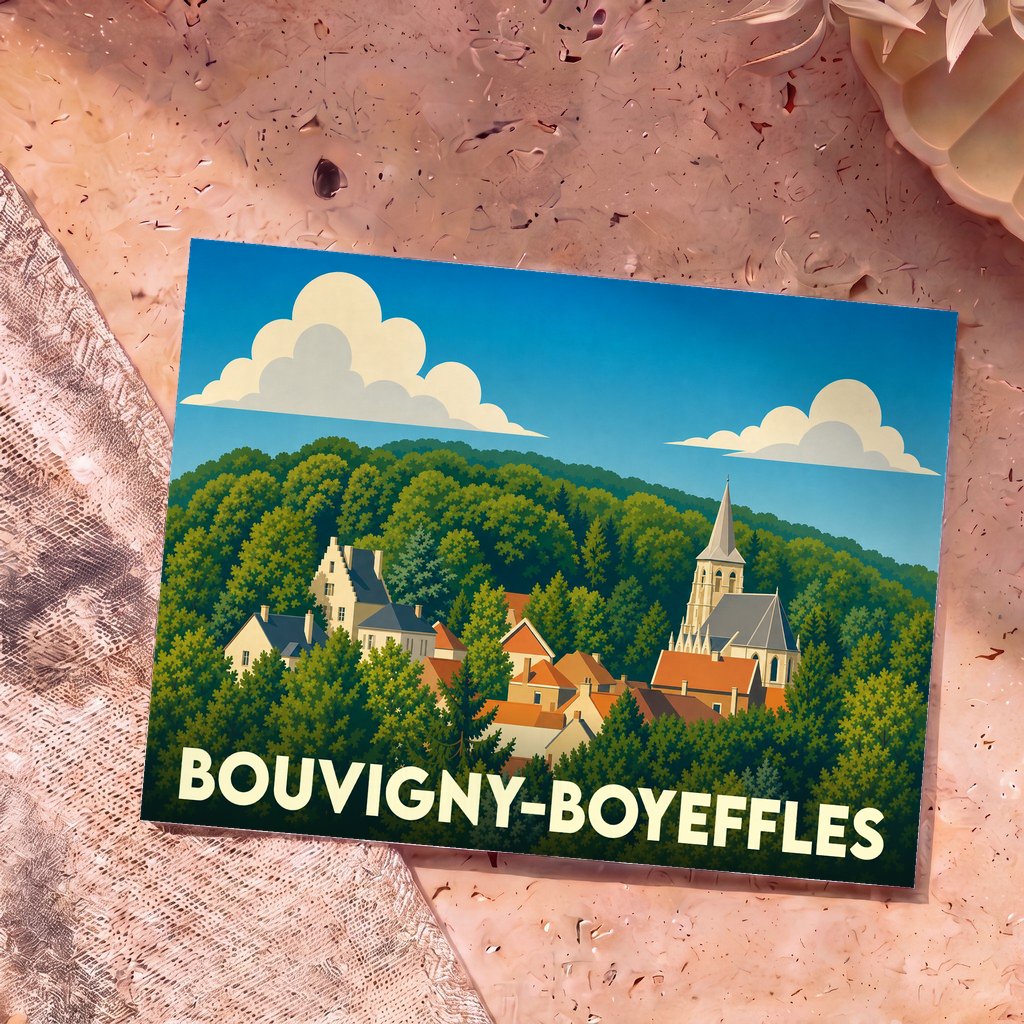 Carte postale souvenir de la ville de Bouvigny-Boyeffles avec une illustration stylisée de ses maisons et de son église nichées dans la forêt.