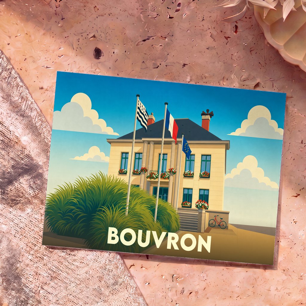 Carte postale souvenir de la ville de Bouvron avec une illustration stylisée de sa mairie.