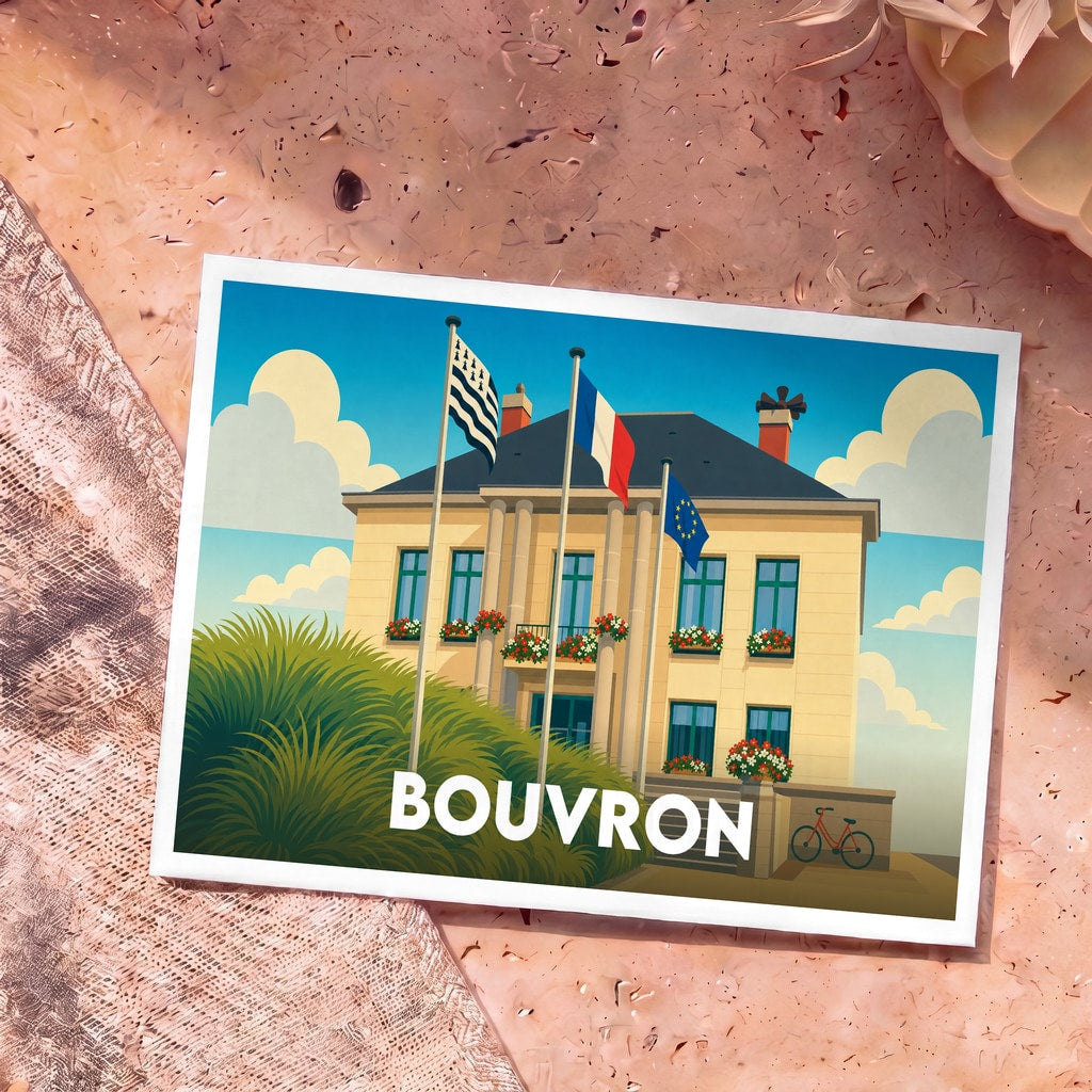 Carte postale souvenir de la ville de Bouvron avec une illustration stylisée de sa mairie.