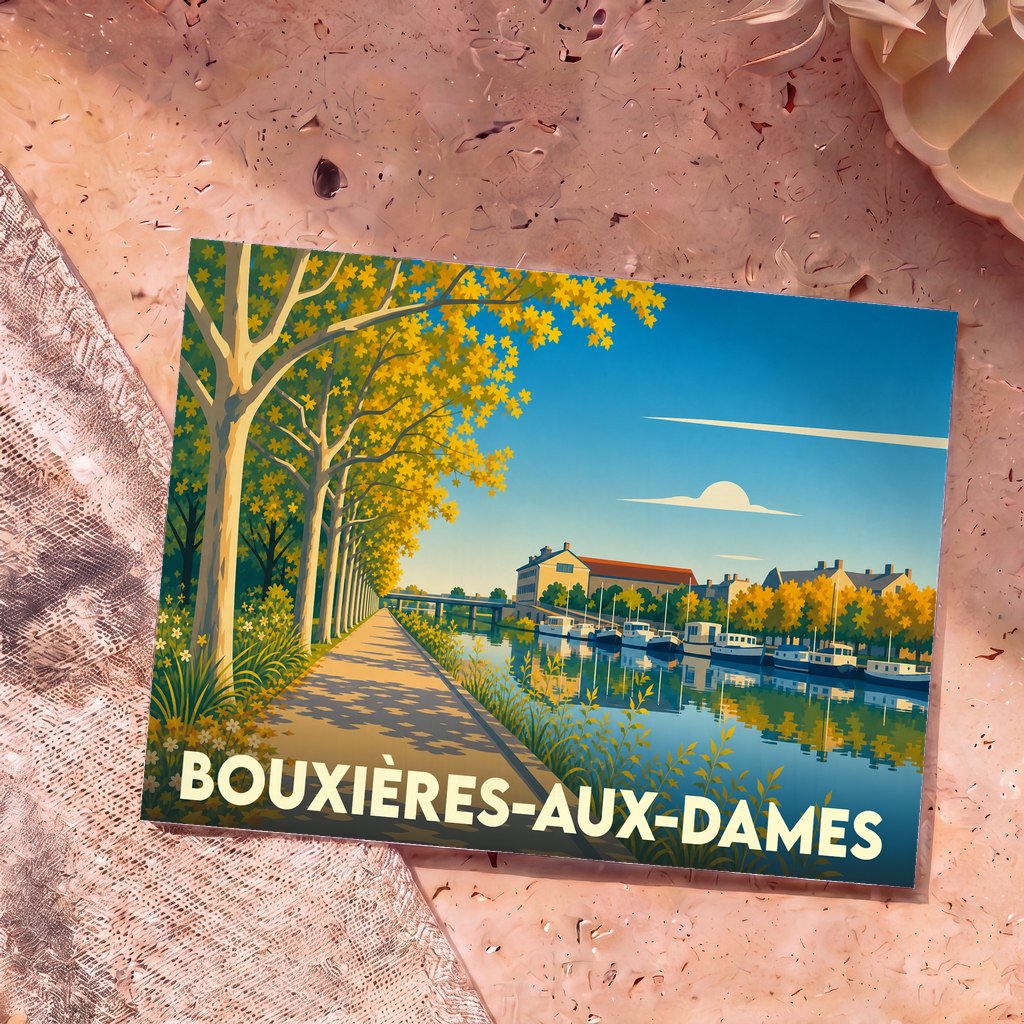 Carte postale souvenir de la ville de Bouxières-aux-Dames avec une illustration stylisée d'un canal bordé d'arbres.