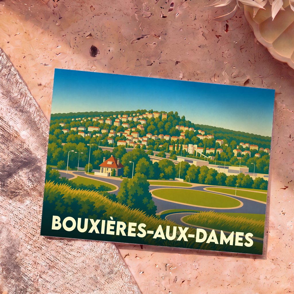 Carte postale souvenir de la ville de Bouxières-aux-Dames avec une illustration stylisée et colorée.
