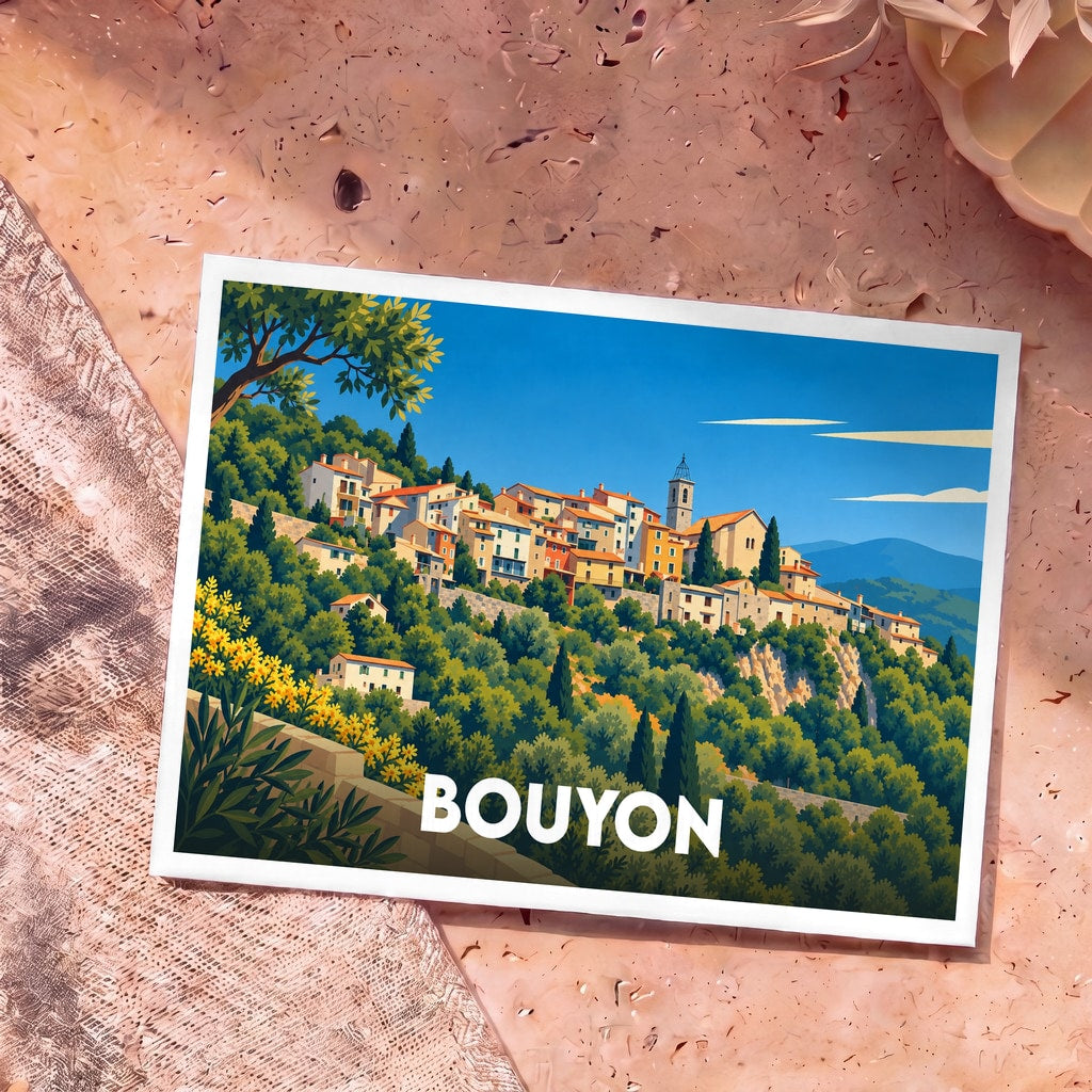 Carte postale souvenir de la ville de Bouyon avec une illustration stylisée d'un village perché.