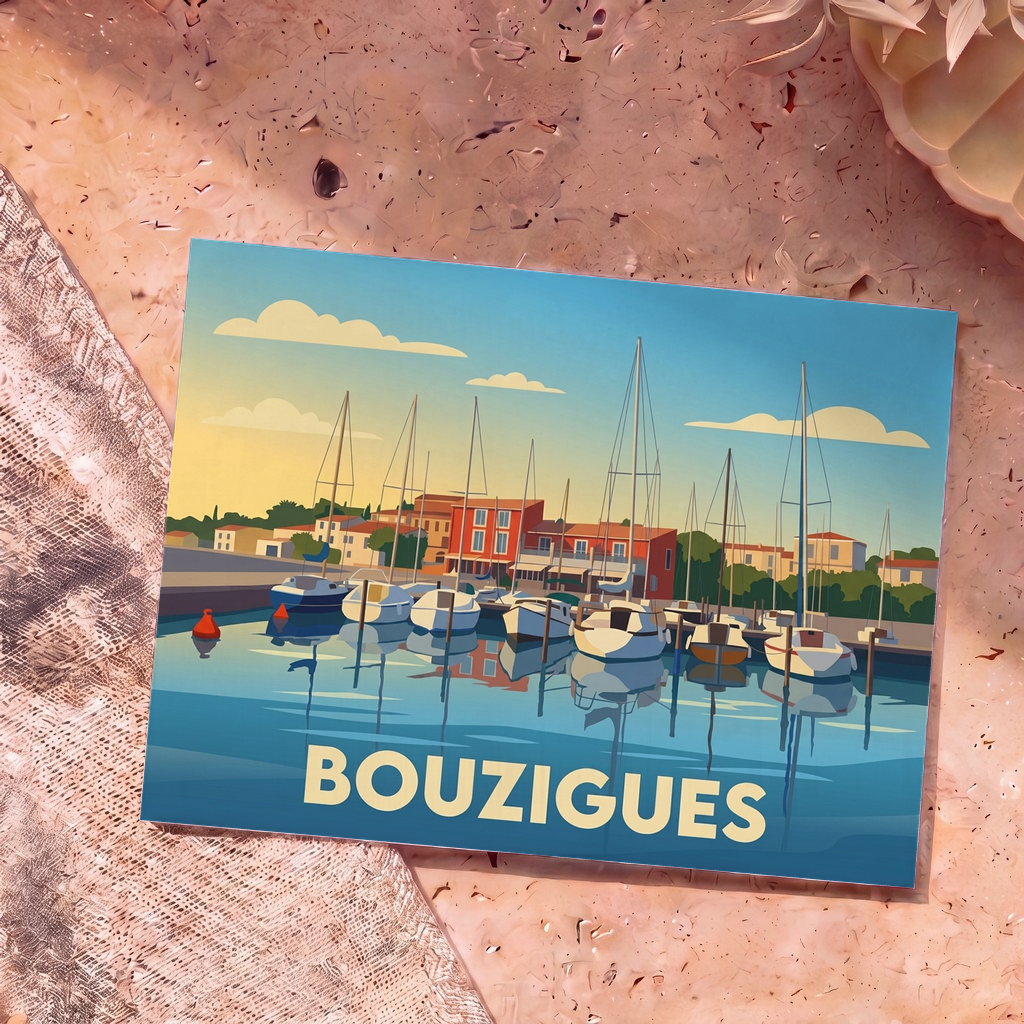 Carte postale souvenir de la ville de Bouzigues arborant une illustration stylisée de son port de plaisance.