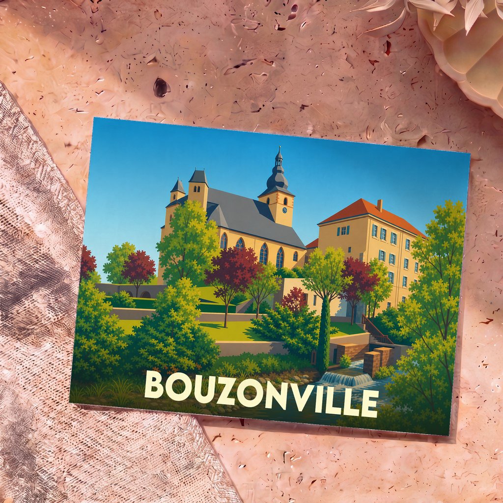 Carte postale souvenir de la ville de Bouzonville avec une illustration stylisée de son église et de ses paysages.