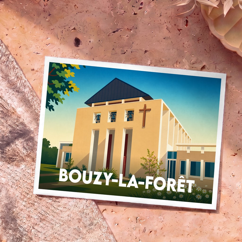 Carte postale souvenir de la ville de Bouzy-la-Forêt illustrant son église à l'architecture moderne.