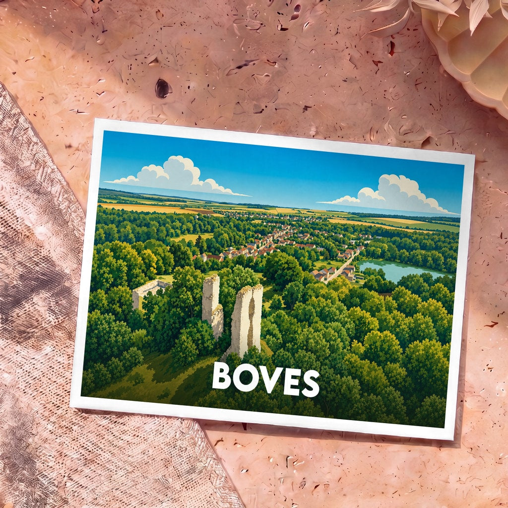 Carte postale souvenir de la ville de Boves avec une illustration stylisée des ruines de son château nichées dans une forêt verdoyante.