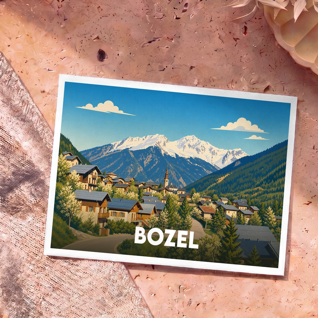 Carte postale souvenir de la ville de Bozel avec une illustration stylisée d'un village de montagne enneigé.