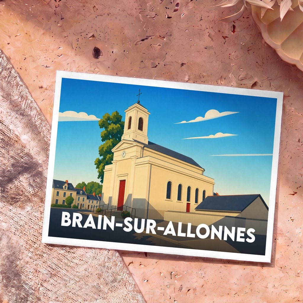 Carte postale souvenir de la ville de Brain-sur-Allonnes avec une illustration stylisée de son église sous un ciel bleu.