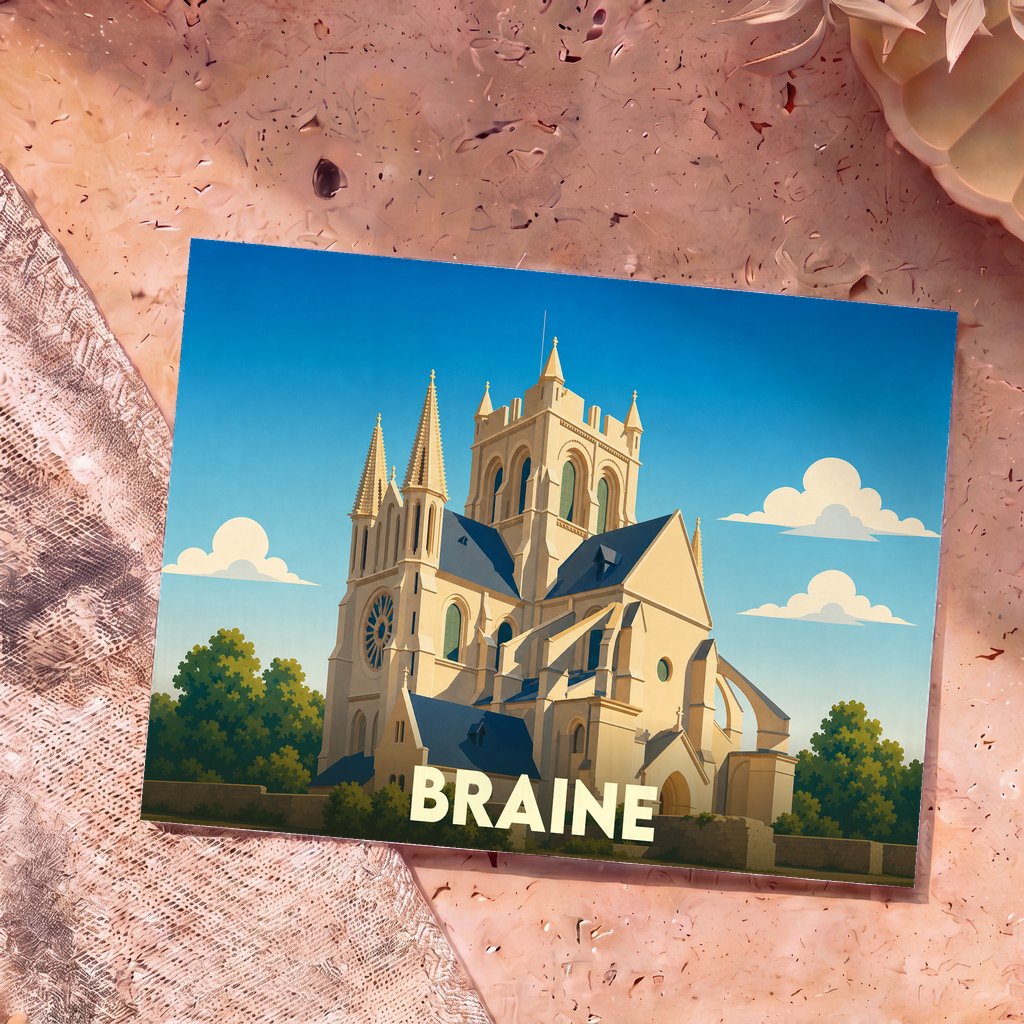 Carte postale souvenir de la ville de Braine avec une illustration stylisée de son église abbatiale.