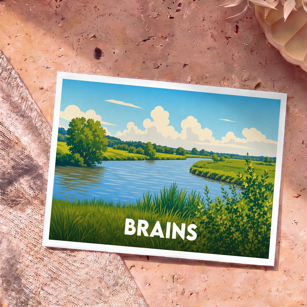 Carte postale souvenir de la ville de Brains avec une illustration stylisée d'un paysage de rivière.