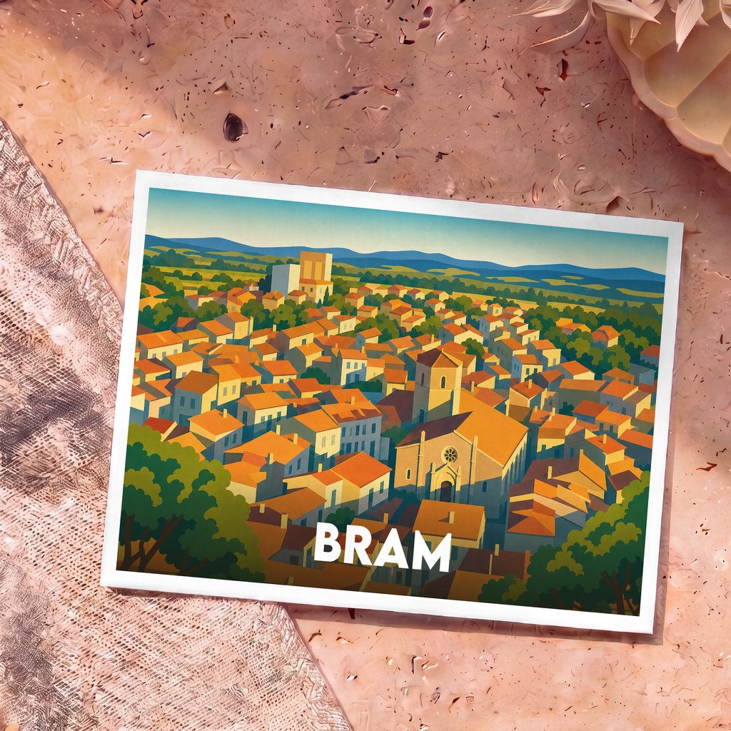 Carte postale souvenir de la ville de Bram avec une illustration stylisée de ses toits orangés.