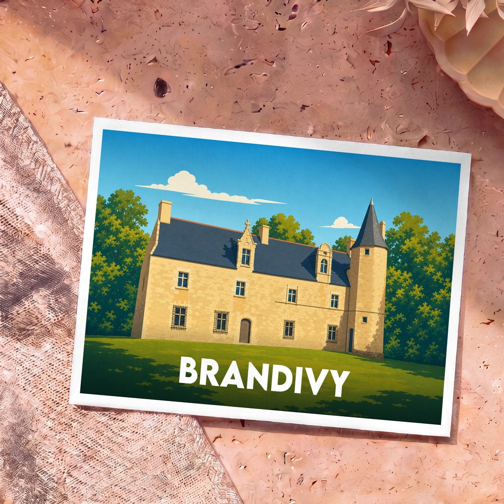 Carte postale souvenir de la ville de Brandivy avec une illustration stylisée de son château.