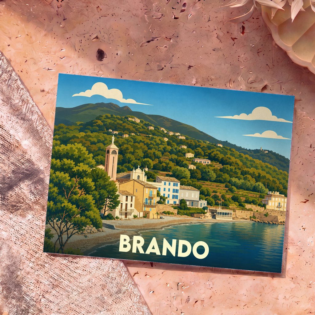 Carte postale souvenir de la commune de Brando avec une illustration stylisée de son front de mer.