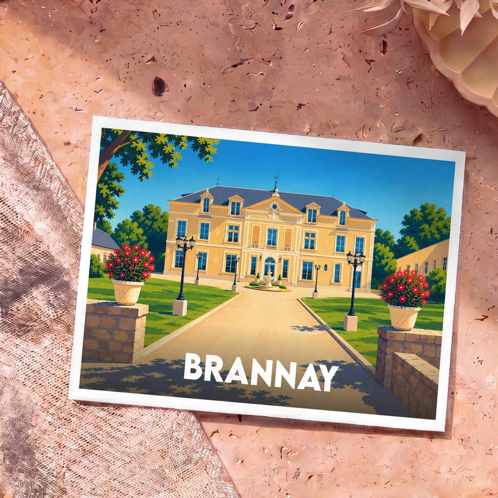 Carte postale souvenir de la ville de Brannay illustrant un château majestueux dans un style graphique coloré.
