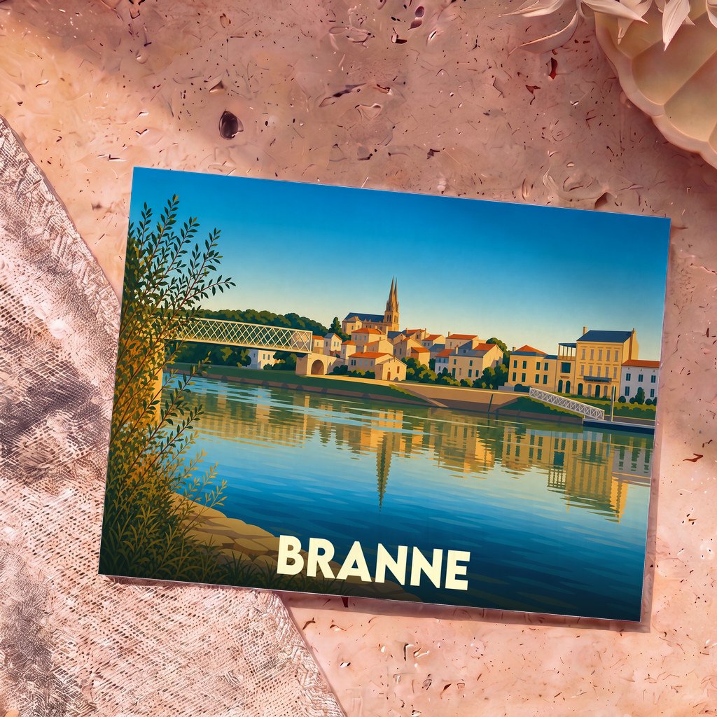 Carte postale souvenir de la ville de Branne illustrant ses quais et son pont sur la Dordogne dans un style graphique épuré.