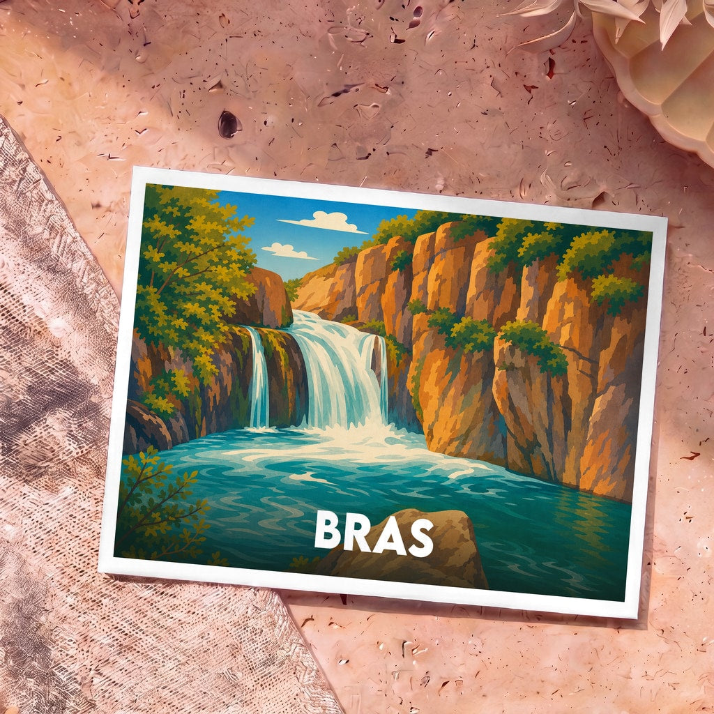 Carte postale souvenir de la ville de Bras illustrant une cascade nichée entre des falaises et une végétation verdoyante.